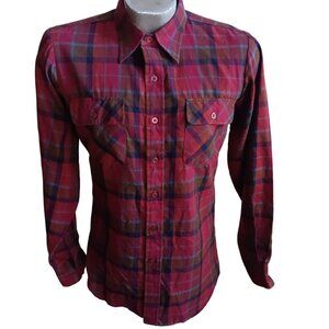 Vintage Mens Flannel Shirt SMALL 80s BURGUNDY PLAID CAMP LOGGER COUNTRY SHIRT